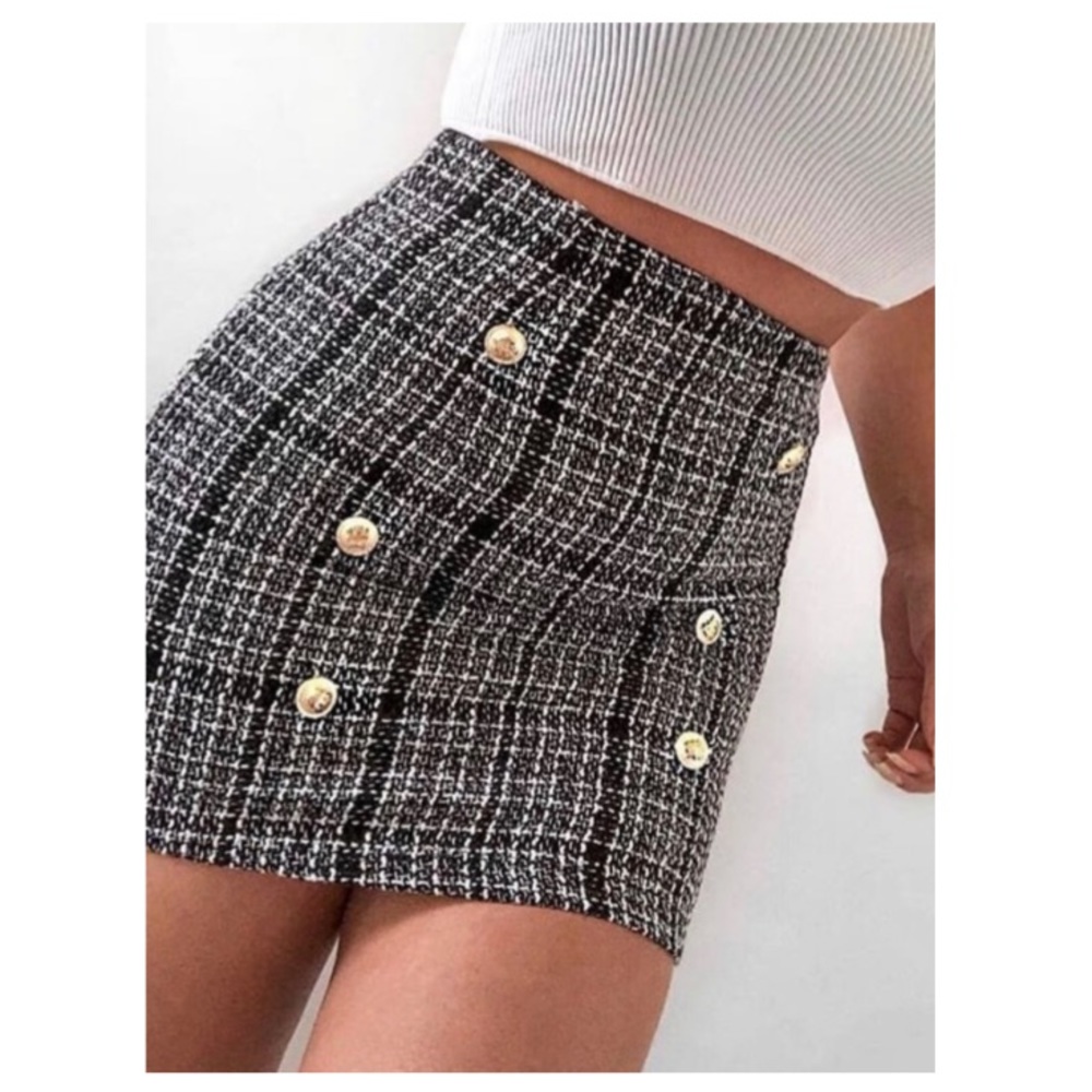 Call Me Eden Black Tweed Mini Skirt with Gold Buttons Decoration.